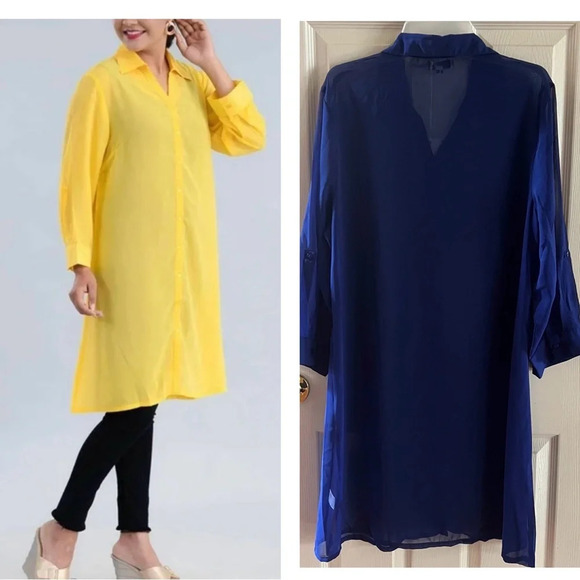 Tamsy Womens Blue Cover Up Shirt Dress Large Beachwear Button Up Billowy Sheer - Picture 1 of 17